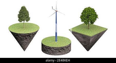 moulin sur un morceau de terre sculpté isolé sur blanc. rendu 3d Banque D'Images