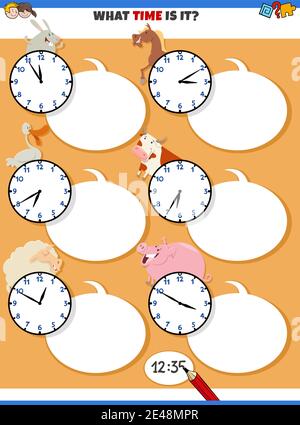 Illustrations de la réalisation de tâches éducatives de temps avec des cadrans d'horloge et personnages animaux de ferme amusants Illustration de Vecteur