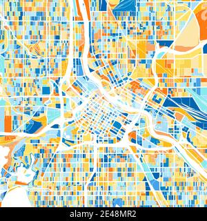 Carte d'art couleur de Minneapolis, Minnesota, États-Unis dans les bleus et les oranges. Les gradations de couleurs de la carte de Minneapolis suivent un motif aléatoire. Illustration de Vecteur