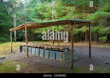 Xylophone géant jouable en sculpture, forêt Dunnett Caithness, Ecosse UK Banque D'Images