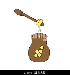 Illustration de couleur vectorielle du miel qui coule d'une cuillère dans un pot Illustration de Vecteur