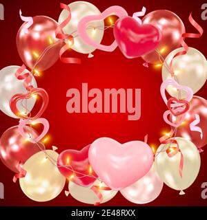 Saint-Valentin fond rouge foncé avec coeurs, ballons, guirlandes brillantes, guirlandes scintillantes. Composition romantique avec espace pour texte pour carte de vœux, prospectus Illustration de Vecteur