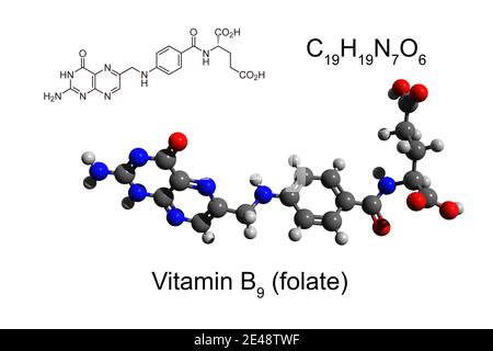 Formule chimique, formule squelettique et modèle boule-et-bâton 3D de la vitamine B9 (folate), fond blanc Banque D'Images