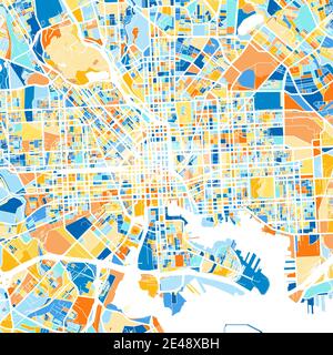 Carte d'art en couleur de Baltimore, Maryland, UnitedStates dans les bleus et les oranges. Les gradations de couleurs de la carte de Baltimore suivent un motif aléatoire. Illustration de Vecteur