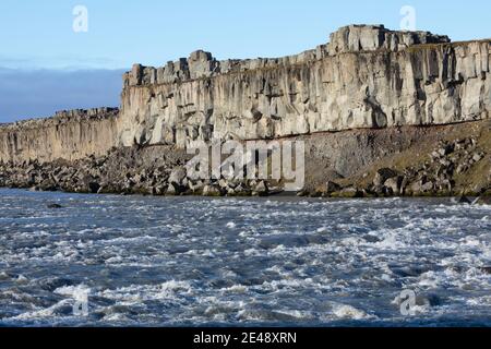 Fluss Jökulsá á Fjöllum in der Nähe des Dettifoss, Wasserfall auf Island, Wasserfall des Gletscherfluß, Gletscherfluss, Jökulsárgljúfur-Nationalpark, Banque D'Images