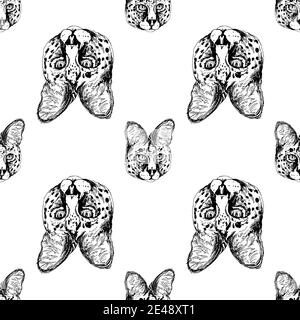 Motif sans couture des portraits dessinés à la main de Savannah Cat isolés sur fond blanc. Illustration vectorielle. Illustration de Vecteur