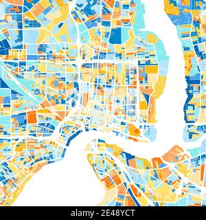 Carte d'art couleur de Jacksonville, Floride, UnitedStates dans les bleus et les oranges. Les gradations de couleurs de la carte de Jacksonville suivent un motif aléatoire. Illustration de Vecteur