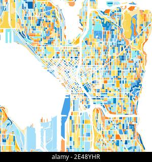 Carte d'art couleur de Seattle, Washington, Etats-Unis dans le blues et l'orange. Les gradations de couleurs de la carte de Seattle suivent un motif aléatoire. Illustration de Vecteur