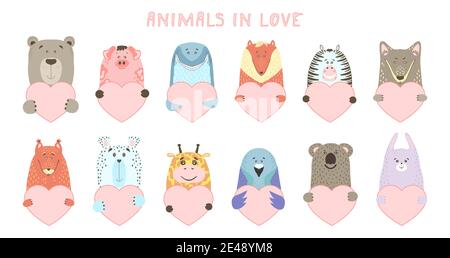 Un adorable animal de dessin animé tient une affiche en forme de coeur avec un espace de copie. Mettre en place carte de vœux de Saint-Valentin bannière invitation brochure circulaire. Dessin animé à la main style. Petits animaux animaux animaux de compagnie dans l'amour, déclaration d'amour. Illustration de Vecteur