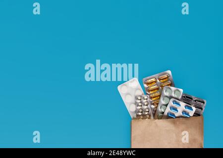 Différents médicaments: Comprimés, comprimés dans blister, médicaments médicaments, macro, espace de copie Banque D'Images