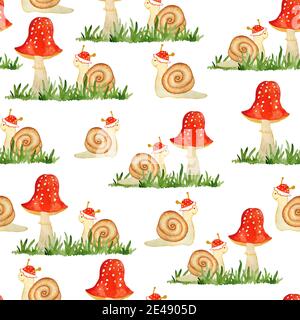 Aquarelle dessin à la main illustration sans couture des champignons amanita muscaria avec des casquettes rouges dans le bois de forêt herbe verte et drôle escargot de dessin animé. Papier peint textile pour enfants. Nature naturelle Banque D'Images