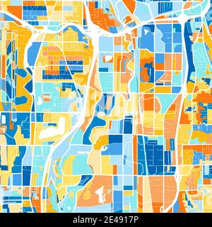 Carte d'art couleur de Raleigh, Caroline du Nord, États-Unis dans le blues et l'orange. Les gradations de couleurs dans la carte de Raleigh suivent un motif aléatoire. Illustration de Vecteur