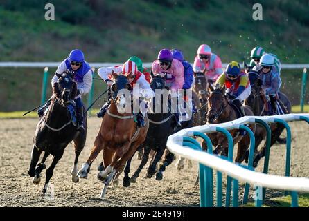 Une vue générale tandis que les coureurs et les coureurs se tournent vers la ligne droite lorsqu'ils affrontent dans le Play Ladbrokes 5-A-Side sur le handicap de football à l'hippodrome de Lingfield Park. Date de la photo: Vendredi 22 janvier 2021. Banque D'Images