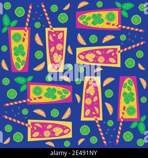 Citron vert menthe limonade verre vectoriel sans couture motif arrière-plan. Décor tropical boissons verres, pailles, agrumes, feuilles de viande. Géométrique Illustration de Vecteur