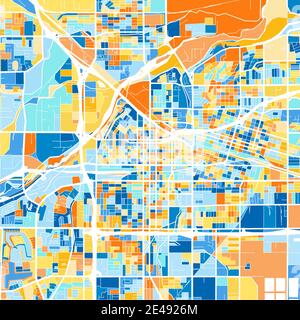 Carte d'art couleur de Bakersfield, Californie, Etats-Unis dans le blues et l'orange. Les gradations de couleurs de la carte de Bakersfield suivent un motif aléatoire. Illustration de Vecteur