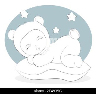 Livre de coloriage nouveau-né dormir fille ou garçon bébé en peluche ours pyjama Sleepwear sur pilow, image dans le style de dessin à la main pour la douche de bébé. Gréétine Illustration de Vecteur