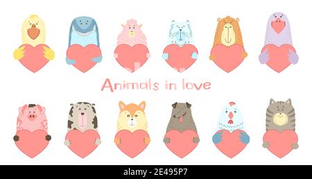 Un adorable animal de dessin animé tient une affiche en forme de coeur avec un espace de copie. Mettre en place carte de vœux de Saint-Valentin bannière invitation brochure circulaire. Dessin animé à la main style. Petits animaux animaux animaux de compagnie dans l'amour, déclaration d'amour. Illustration de Vecteur