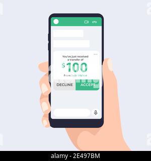 Transfert d'argent par chat. Payez via l'application mobile. Envoi et réception d'argent. Illustration de Vecteur