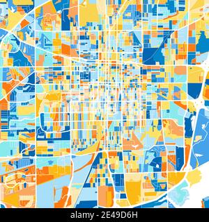 Carte d'art couleur de Springfield, Illinois, Etats-Unis dans le blues et l'orange. Les gradations de couleurs de la carte de Springfield suivent un motif aléatoire. Illustration de Vecteur