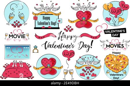 Ensemble d'illustrations vectorielles de la Saint-Valentin de style caricature, stikers, cartes postales. Illustration de Vecteur