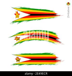 Ensemble de 3 drapeaux texturés grunge du Zimbabwe, trois versions de drapeau national en formes de pinceau de style peint. Indicateurs vectoriels. Illustration de Vecteur