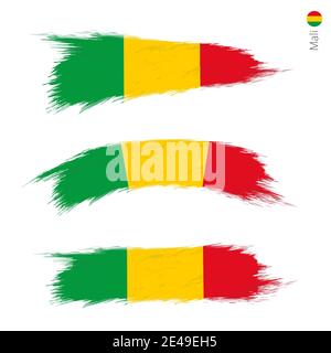 Ensemble de 3 grunge drapeau texturé du Mali, trois versions de drapeau national en formes de pinceau style peint. Indicateurs vectoriels. Illustration de Vecteur