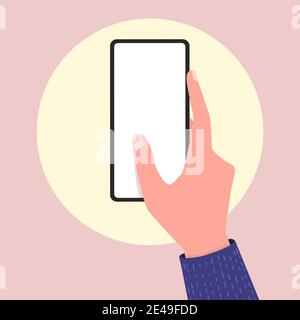 Main tenant un écran vide téléphone portable. Modèle de smartphone modifiable. Illustration de Vecteur