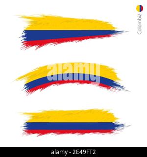 Ensemble de 3 drapeaux texturés grunge de Colombie, trois versions de drapeau national en formes de pinceau style peint. Indicateurs vectoriels. Illustration de Vecteur