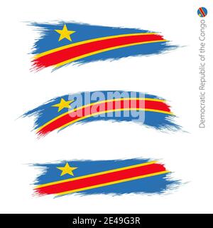 Ensemble de 3 drapeaux texturés grunge de RD Congo, trois versions de drapeau national en formes de pinceau de style peint. Indicateurs vectoriels. Illustration de Vecteur