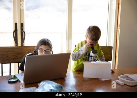 Frères et sœurs travaillant sur le homeschool à la table de cuisine Banque D'Images