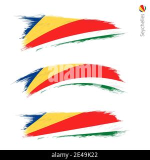 Ensemble de 3 drapeau texturé de grunge des Seychelles, trois versions de drapeau national en formes de pinceau style peint. Indicateurs vectoriels. Illustration de Vecteur