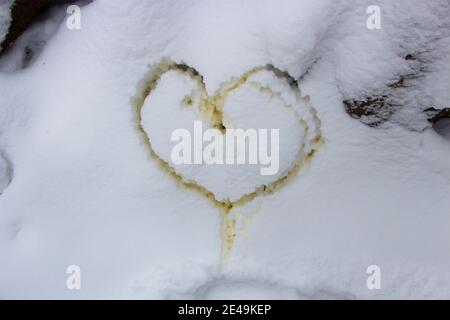 Cœur jaune dans la neige, une photo des fèces pour la Saint-Valentin Banque D'Images