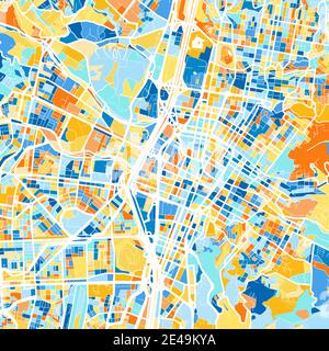 Carte d'art couleur de Medellin, Colombie, Colombie dans les bleus et les oranges. Les gradations de couleurs de la carte de Medellin suivent un schéma aléatoire. Illustration de Vecteur