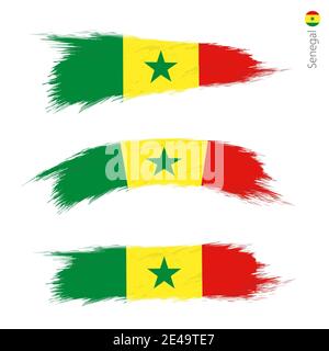 Ensemble de 3 drapeaux texturés grunge du Sénégal, trois versions de drapeau national en formes de pinceau de style peint. Indicateurs vectoriels. Illustration de Vecteur