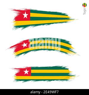 Ensemble de 3 drapeau texturé grunge du Togo, trois versions de drapeau national en formes de pinceau peint style. Indicateurs vectoriels. Illustration de Vecteur