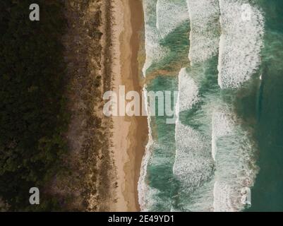 Panorama aérien de la côte de sable pacifique océan mer côte Opoutere beach Waves Waikato Coromandel Peninsula du Nord de l'île de Nouvelle-Zélande Banque D'Images