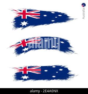 Ensemble de 3 drapeaux texturés grunge de l'Australie, trois versions de drapeau national en formes de pinceau de style peint. Indicateurs vectoriels. Illustration de Vecteur