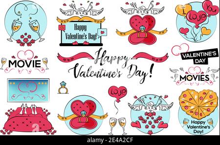 Ensemble de l'illustration du vecteur de jour de Saint-Valentin en style de dessin animé, stiker, carte postale, couverture web, bannière Illustration de Vecteur