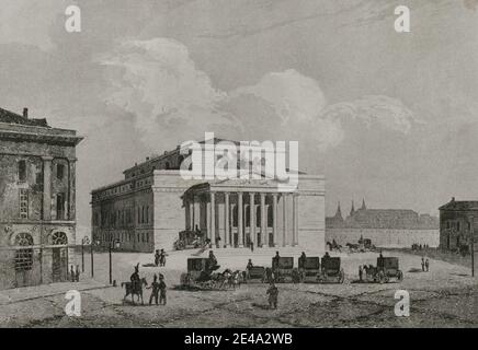 Russie, Moscou. Vue sur le théâtre impérial ou le théâtre Bolchoï. Gravure par Lemaitre et Cadolle. Histoire de la Russie par Jean Marie Chopin (1796-1870). Panorama Universal, édition espagnole, 1839. Banque D'Images