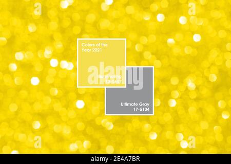 Abstrait jaune doré scintillant sur fond. Cercle feux défoqué bokeh. Couleur de l'année 2021 jaune illuminant avec cadre et texte Banque D'Images