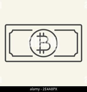 Icône de ligne mince de billet de banque Bitcoin. Illustration du vecteur Crypto Money isolée sur blanc. Conception de style de schéma de crypto-monnaie en papier, conçue pour le Web et Illustration de Vecteur