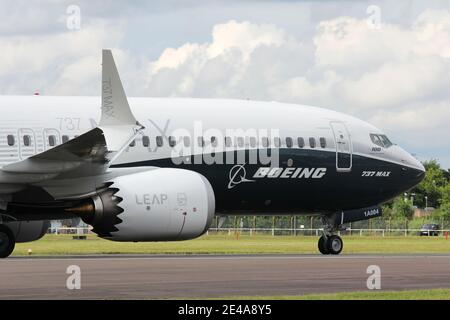 Boeing 737 MAX exposé au salon aéronautique de Farnborough. L'avion a été autorisé à reprendre ses vols en Europe et au Royaume-Uni le 27 janvier 2021 Banque D'Images