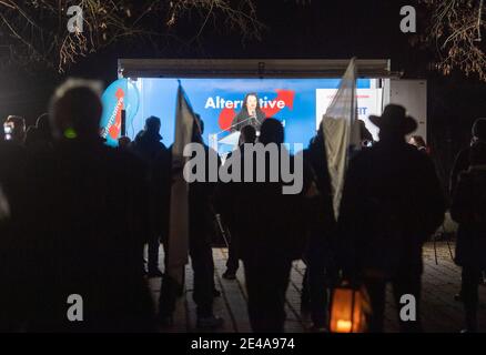 22 janvier 2021, Brandebourg, Rüdersdorf: Birgit Bessin, chef parlementaire adjoint du parti de l'AfD Brandenburg, s'exprime lors d'une manifestation de l'AfD Brandenburg contre les mesures du gouvernement de l'État pour contenir la pandémie de Corona. Photo: Christophe GATEAU/dpa Banque D'Images