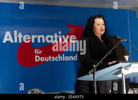 22 janvier 2021, Brandebourg, Rüdersdorf: Birgit Bessin, chef parlementaire adjoint du parti de l'AfD Brandenburg, s'exprime lors d'une manifestation de l'AfD Brandenburg contre les mesures du gouvernement de l'État pour contenir la pandémie de Corona. Photo: Christophe GATEAU/dpa Banque D'Images