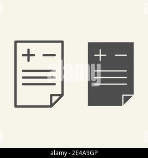 Ajouter ou supprimer une ligne de document et une icône de glyphe. Fichier avec illustration vectorielle plus et moins isolée sur blanc. Design de style contour de page, conçu pour Illustration de Vecteur