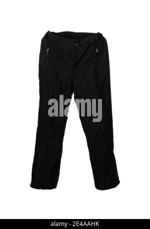 Pantalon de ski noir imperméable et coupe-vent isolé sur fond blanc. Banque D'Images