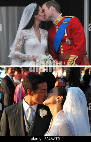 Top: Le Prince William et sa mariée la princesse Catherine apparaissent sur le balcon de Buckingham Palace avec la reine Elizabeth, le prince Philip, Charles Prince de Galles, Camilla Duchess de Cornwall, le prince Harry, Pippa Middleton et James Middleton après leur cérémonie de mariage à Londres, Royaume-Uni, le 29 avril 2011. Photo de Christophe Guibbbaud/ABACAPRESS.COM fond: EXCLUSIF. Mariage religieux du prince belge Edouard de ligne la Tremoille et de l'actrice italienne Isabella Orsini à Antoing, Belgique, le 5 septembre 2009. La robe de Kate Middleton, qui est une conception de Sarah Burton pour la mode d'Alexander McQueen Banque D'Images