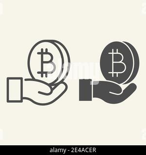 Main ouverte avec ligne bitcoin et icône de glyphe. Palm avec illustration vectorielle de crypto-monnaie isolée sur blanc. Pièce de Crypto en forme de contour de bras Illustration de Vecteur
