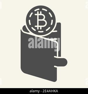 Icône en forme de bitcoins dans le portefeuille. Pièces de crypto dans l'illustration du vecteur de bourse isolée sur blanc. Conception de style glyphe crypto-monnaie, conçue pour le Web et Illustration de Vecteur