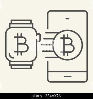 Technologie intelligente et icône de ligne mince de crypto-monnaie. Montre intelligente Bitcoin et illustration vectorielle de téléphone isolée sur blanc. Bitcoin avec montre-bracelet et Illustration de Vecteur